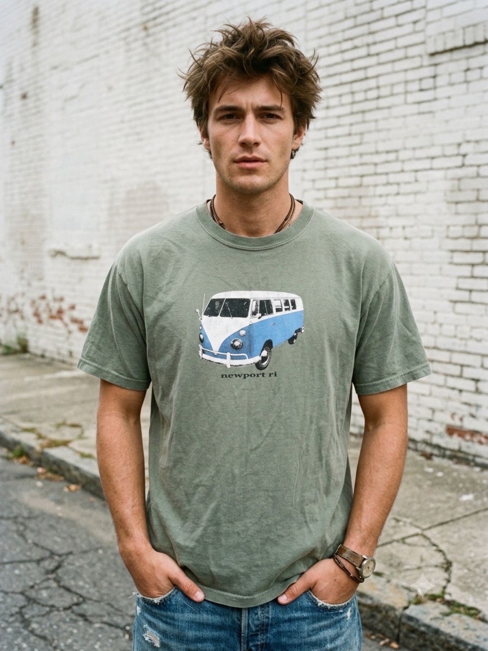 Vintage 90s Y2K Newport RI VW Bus T Shirt XL Delta Pro Weight Green Graphic Tee